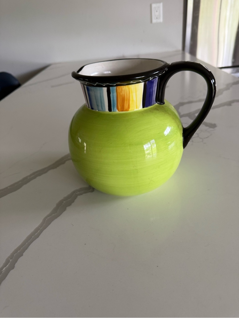 Certified International Nancy Green Lime Green Ceramic Pitcher Colorful Striped